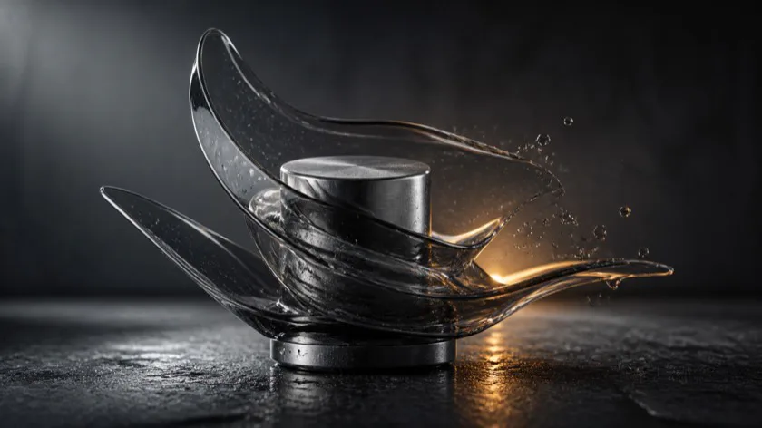Smoked-glass ribbons curling around a brushed-metal core on a dark studio table