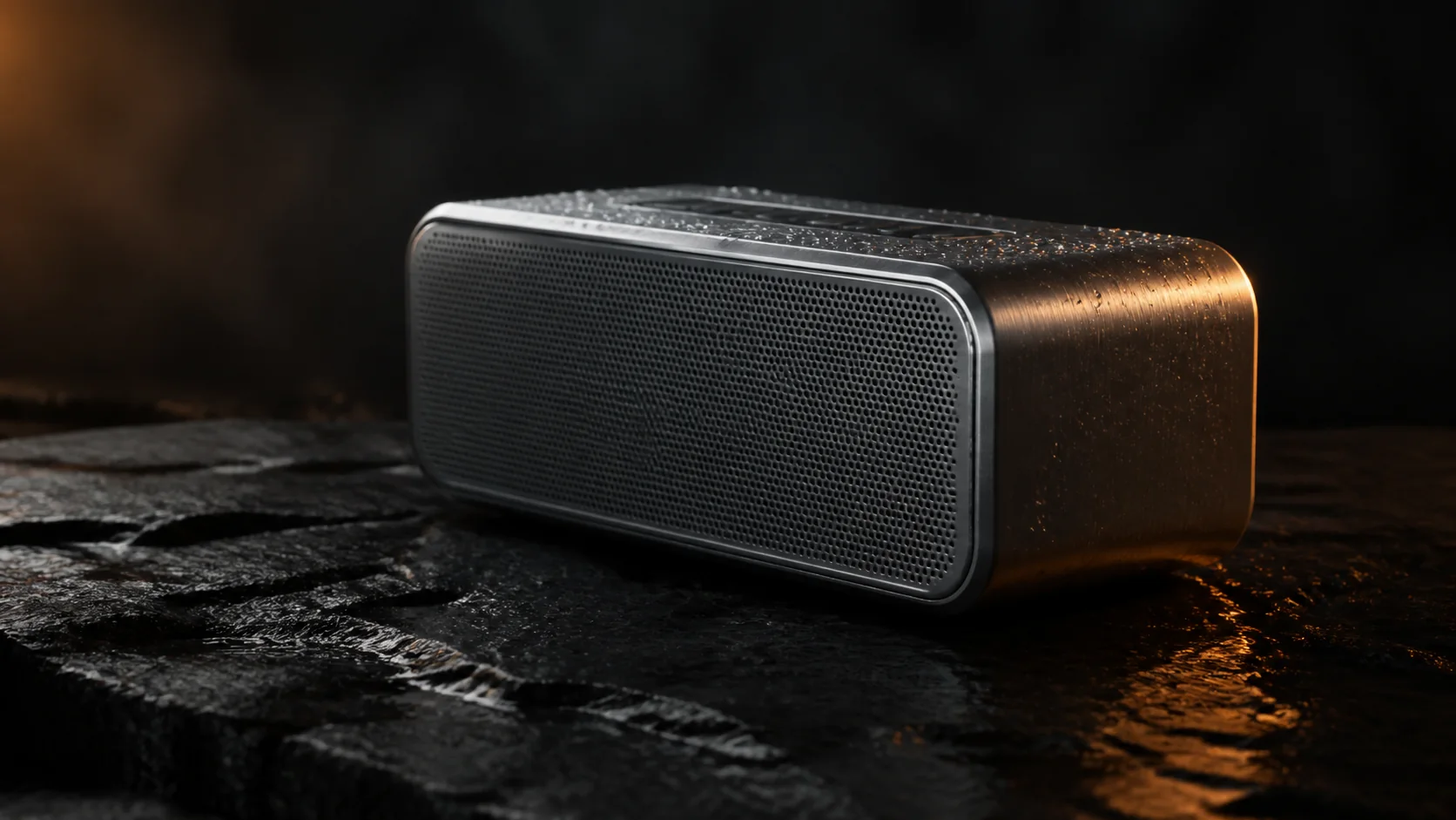 Brushed aluminum speaker on wet black stone under a warm edge light