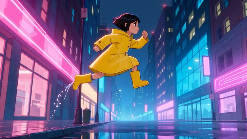 An animated character in a yellow raincoat leaps over a city puddle