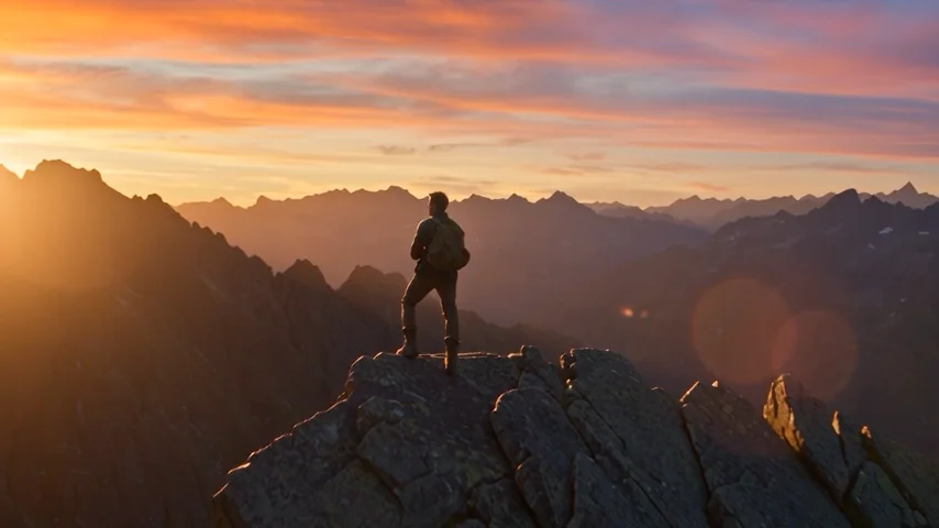 Seedance 2.5: a hiker on a mountain ridge at sunrise